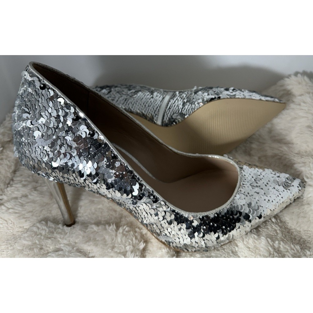 Aldo Pumps High Heels Stiletto Women's 7.5 Silver Sequin Shoes Cocktail Party - Picture 2 of 11